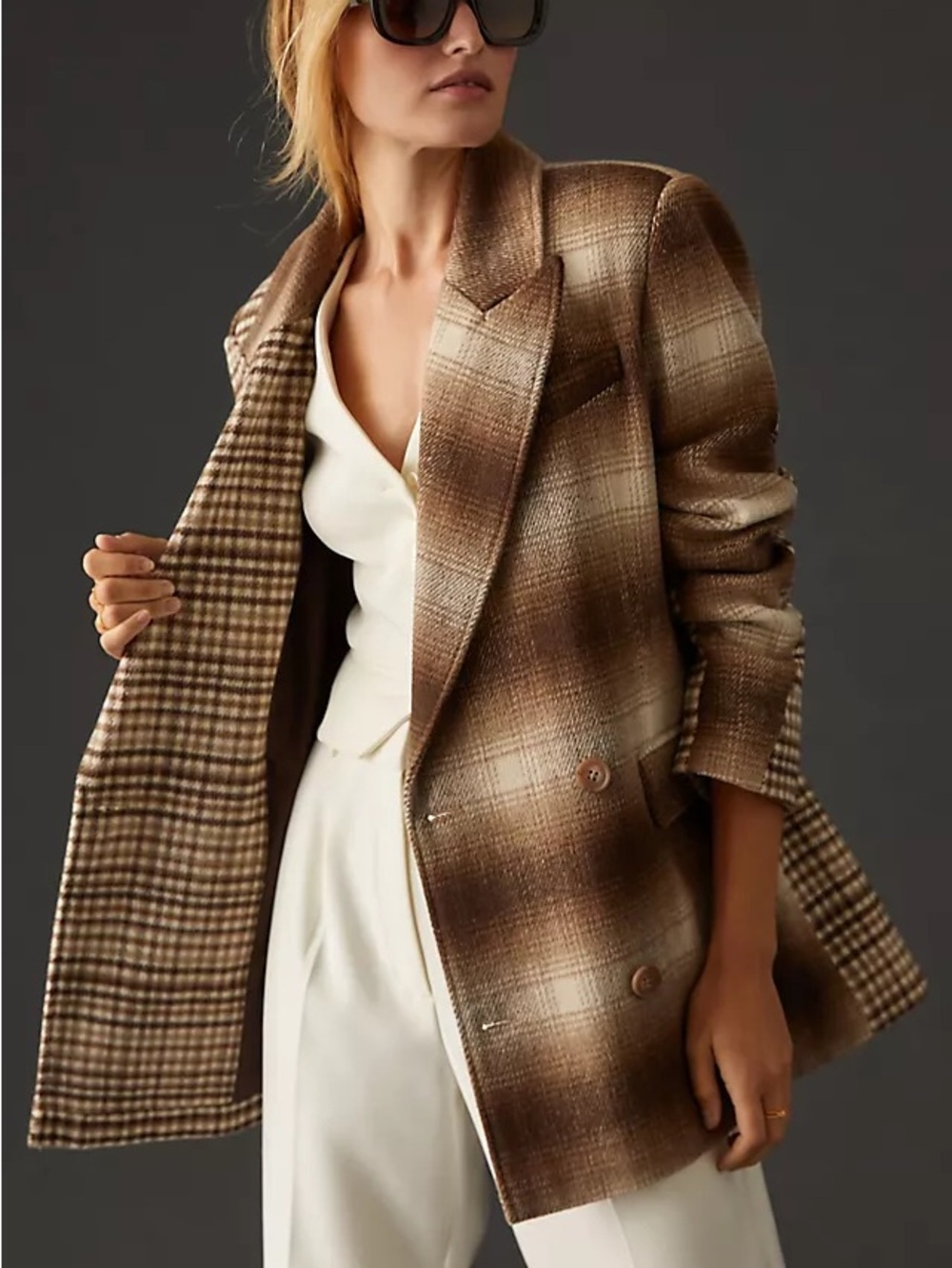 Avec Les Filles Brown Plaid Double-Breasted Blazer
